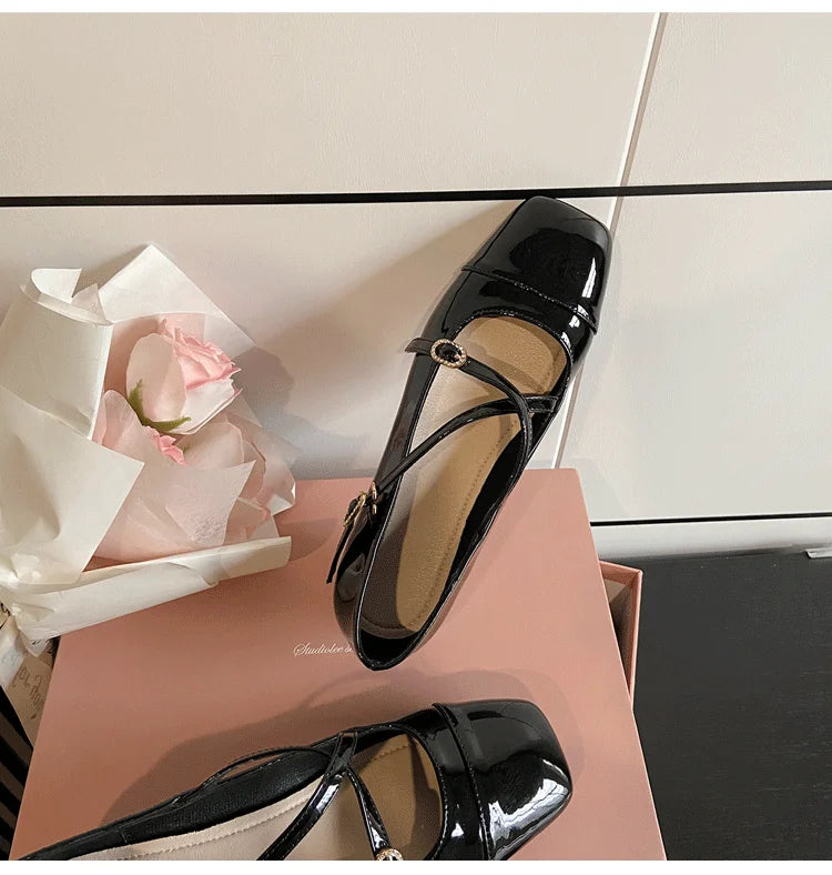LIZAKOSHT  -  japanned leather cross band pumps women square toe low heel mary janes shoes woman crystal buckle zapatos de tacón mujer