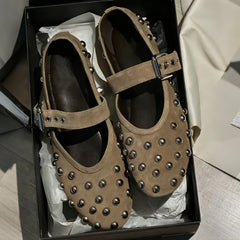 LIZAKOSHT  -   Studded Mary Jane Flats Women Suede Round Toe Buckle Strap Ballet Shoes Brown Punk Goth Casual Loafers Comfortable Ladies