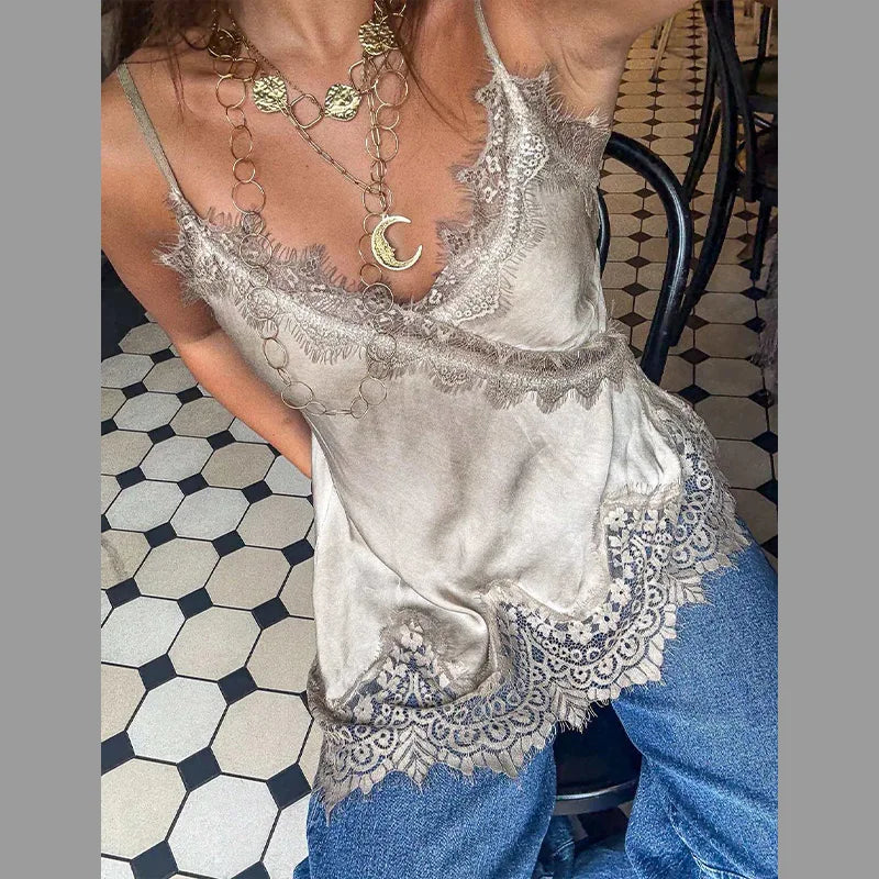 LIZAKOSHT  -  Sexy Satin Sling Tops Women V Neck Hollow Out Patchwork Lace Irregular Tank Top Female New Chic Solid Fashion Streetwears