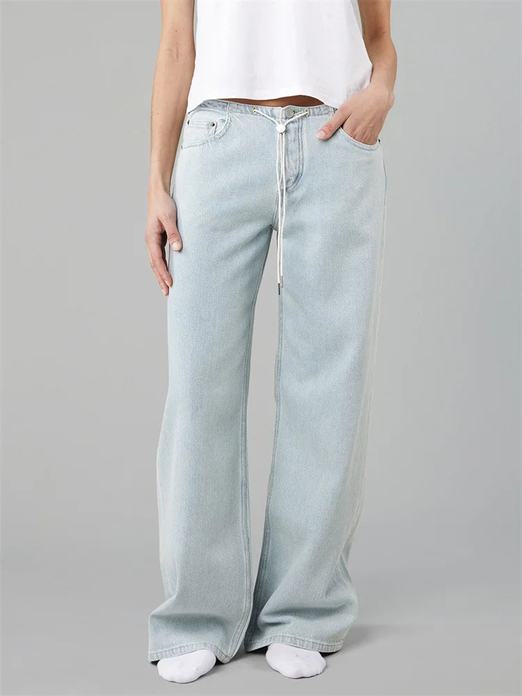 LIZAKOSHT  -  Women Drawstring Jeans Loose Solid Color Low Waist Straight Leg Denim Pants Casual Long Trousers Out Going Pants