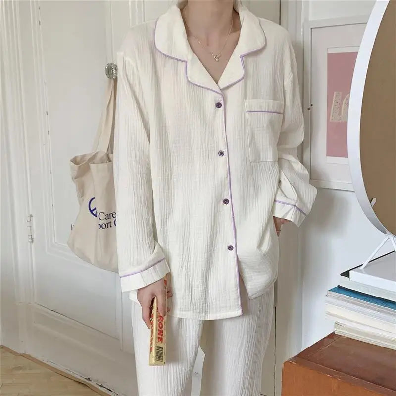LIZAKOSHT  -  Women's Pajamas Set Spring Autumn Long Sleeve Ladies Korea Style Sleepwear 2 Pcs With Pant Solid Home Suit For Female