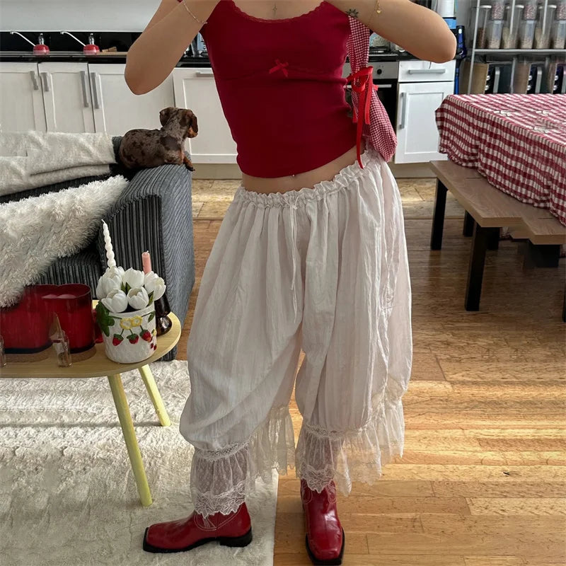 LIZAKOSHT  -  Autumn Lace Patchwork Casual Long Pants For Women Fashion Ruched Sexy Elastic Lace-up Loose Long Pants Female Outfits