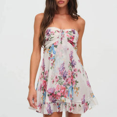 LIZAKOSHT  -  One Shoulder Mini Ruffles Dress Elegant Summer Floral Print Tie-up Party Dress Simple Women Backless Beach Dress New Sweet
