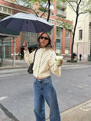 LIZAKOSHT  -  Polka Dot Lantern Sleeve Jackets Women High Collar Oversized Cropped Coats 2025 Lady Casual New Chic Commute Street Outerwear