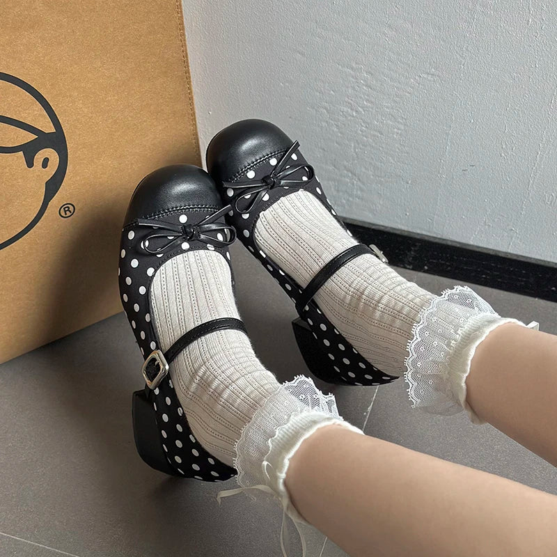 LIZAKOSHT  -  Cute Polka Dot Thick Heel Women Mary Jane Shoes Designer Buckle Strap Pumps Ladies Eelgant Butterfly-knot Dress Single Shoes