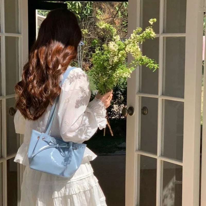 LIZAKOSHT  -  Korean Bow Drawstring Pu Leather Women Shoulder Bag Fashion All Match Bucket Bag Y2k Shopper Handbag Bolsos Para Mujer