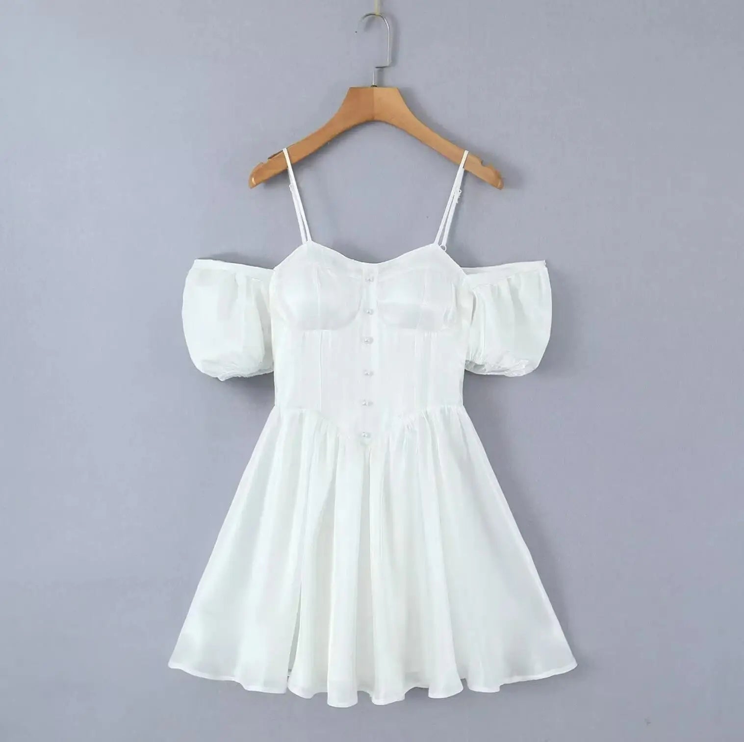 LIZAKOSHT  -  Women Puff Sleeve Slim Waist Ruffle Hem Cake Mini Party Robe Princess White Bright Rayon Bra Chest Corset Style Mini Dress