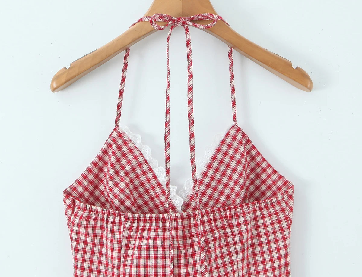 LIZAKOSHT  -  Sexy Red White Plaid Spliced Lace Lacing Up Bow Halter V Collar Mini Dress Women Ruffles Hem A-line Short Dresses Robe Vestidos