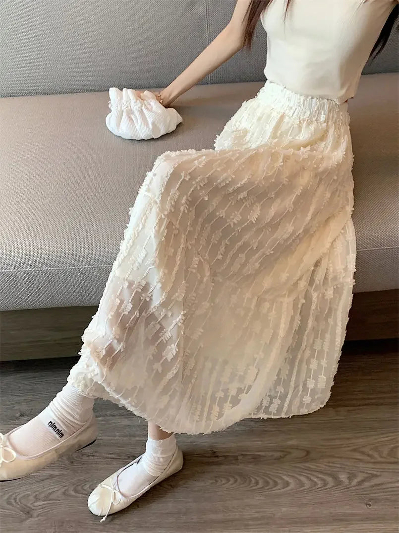 LIZAKOSHT  -  Autumn Elegant A-line Slim fit Half Skirt for Women Korean Style Mesh Wooden Ear Edge Splicing Chiffon Women's Half Skirt