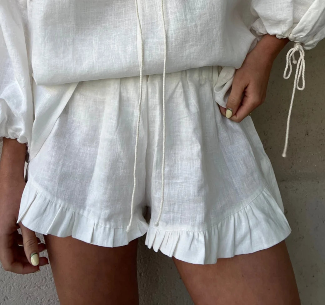 LIZAKOSHT  -  Chic Lien Ruffle Collar Shirt Shorts Set Women Elegant White Sleeveless Shirts High Waist Pleated Skirt 3Piece Sets Lady Holiday