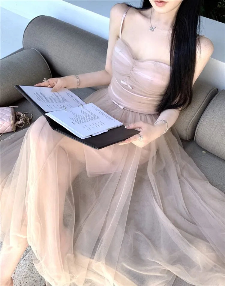 LIZAKOSHT  -  Woman Dress Bow Sleeveless Slash Neck Mesh Patchwork Princess Sweet Elegant Summer Fashion Party Dresses Female
