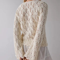 LIZAKOSHT  -  Women Vintage Front Tie Cardigan Crochet Hollow Out Knitted Sweaters Fall Long Sleeve Bolero Shrug Y2K Knitted Tops