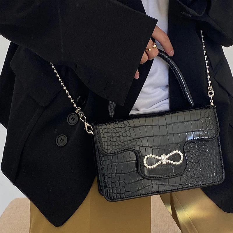 LIZAKOSHT  -  Top-Handle Bags Women Alligator Pattern Crossbody Retro French Bow Vintage Daily High Street Cover Simple Handbags New
