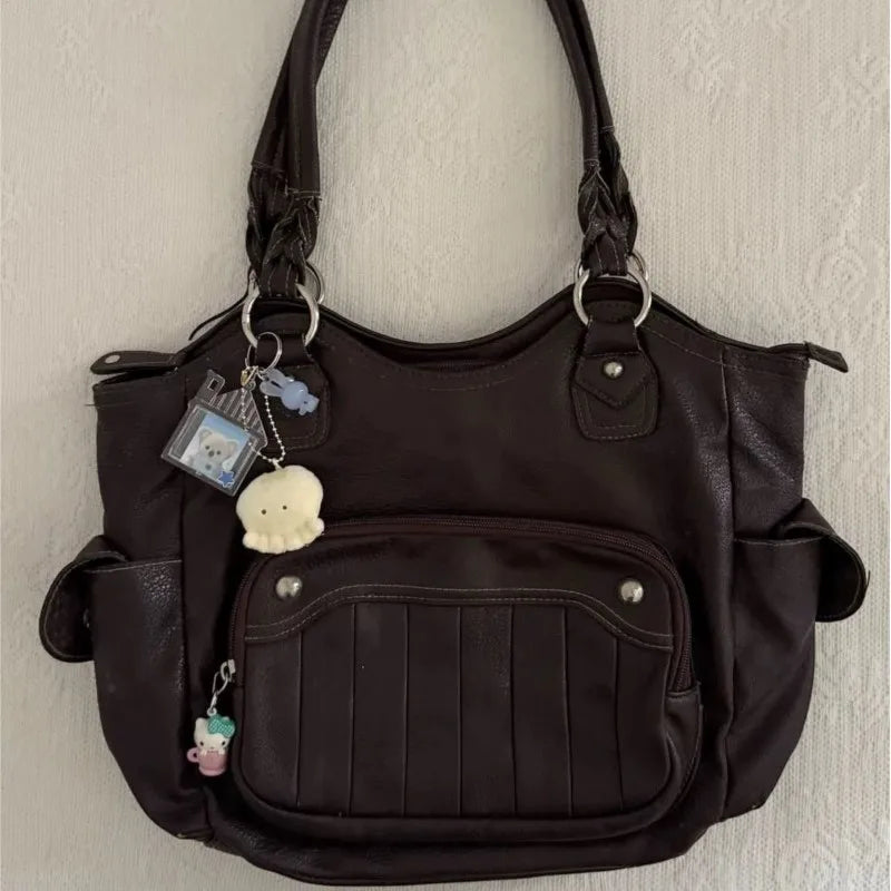 LIZAKOSHT  -  Retro Mulard Coffee Tote Bag Women PU Leather Large Capacity Shoulder Bag Ladies Harajuku Commute Versatile Underarm Bag