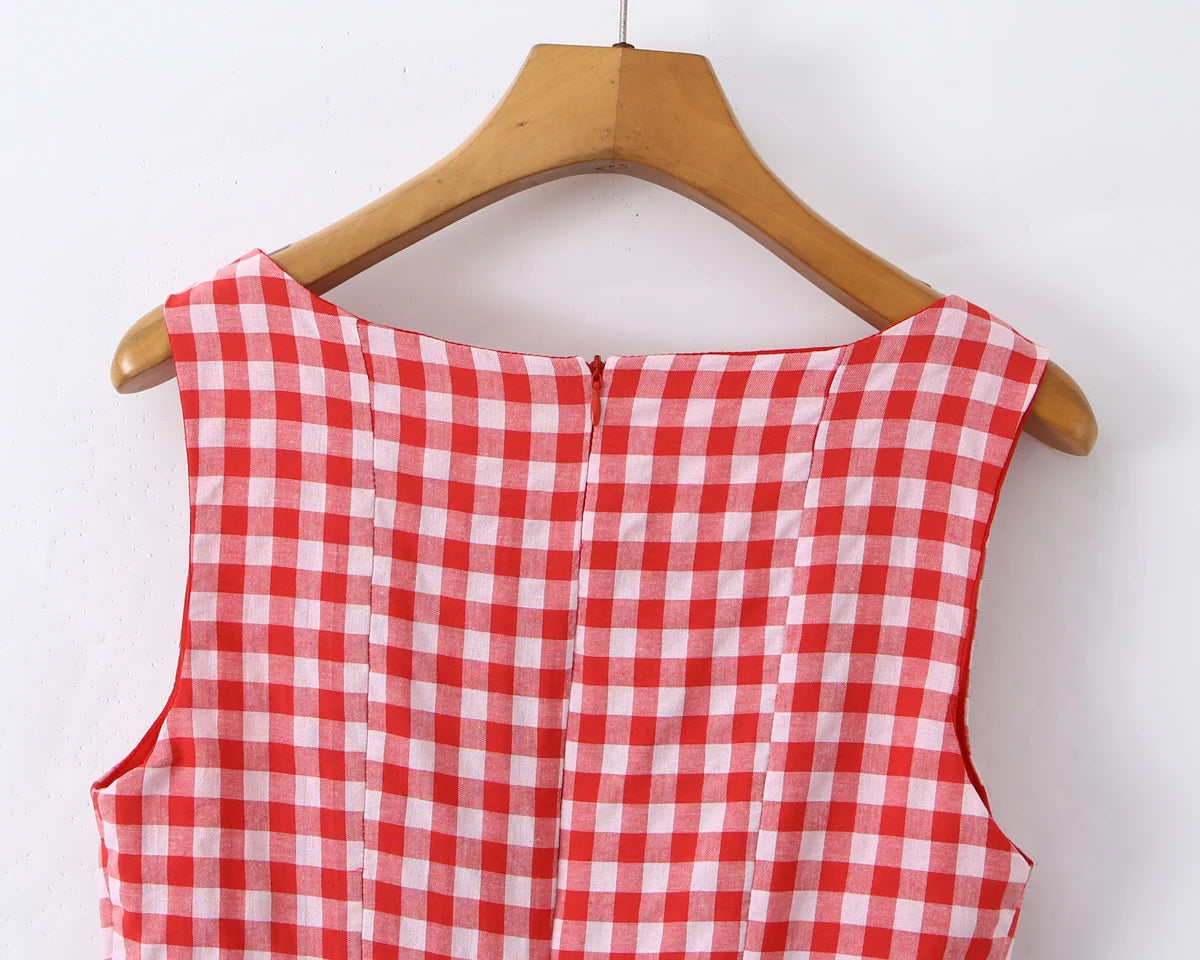 LIZAKOSHT  -  Sexy Red Gingham Plaid Mini Sleeveless Dress Women Bow O Neck Zipper Back Low Waist Ruched Hem Swing Tank Dresses Vestidos Black