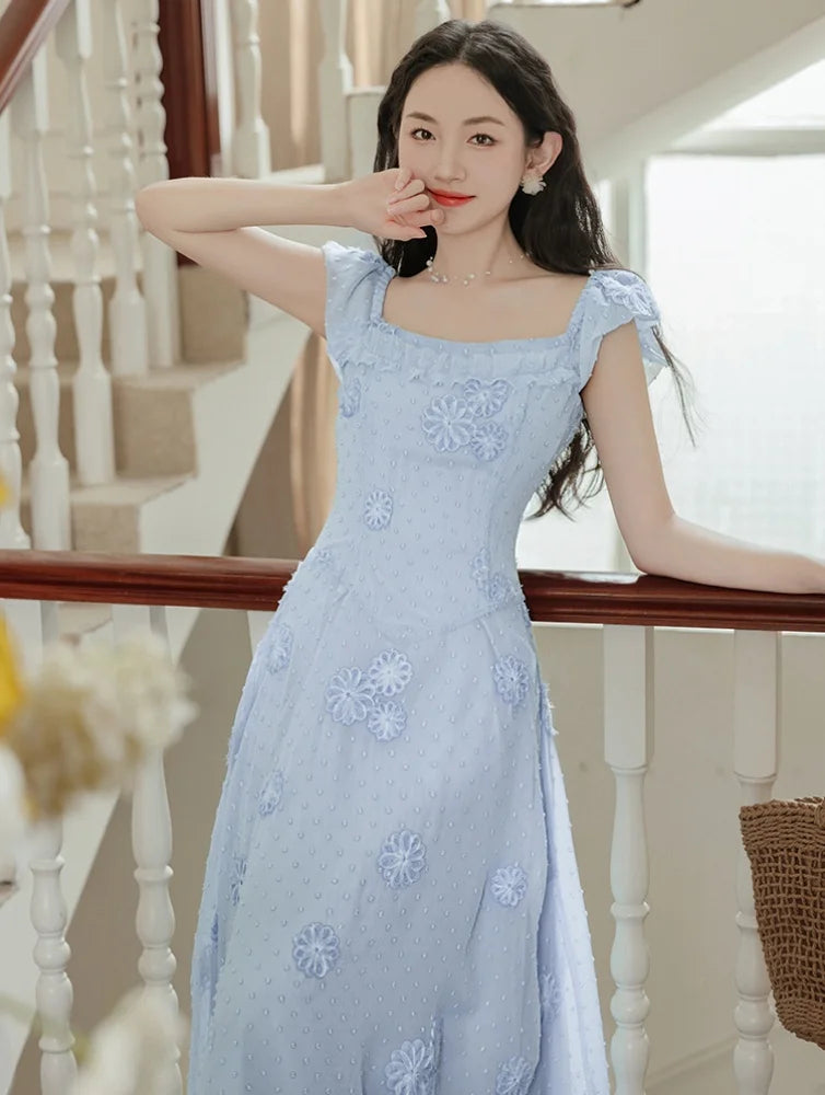 LIZAKOSHT  -  Summer Lady Blue Dress Retro French Style Embroidery Flower Flying Sleeve Romantic Fairy Princess Dresses For Vacation Holidays