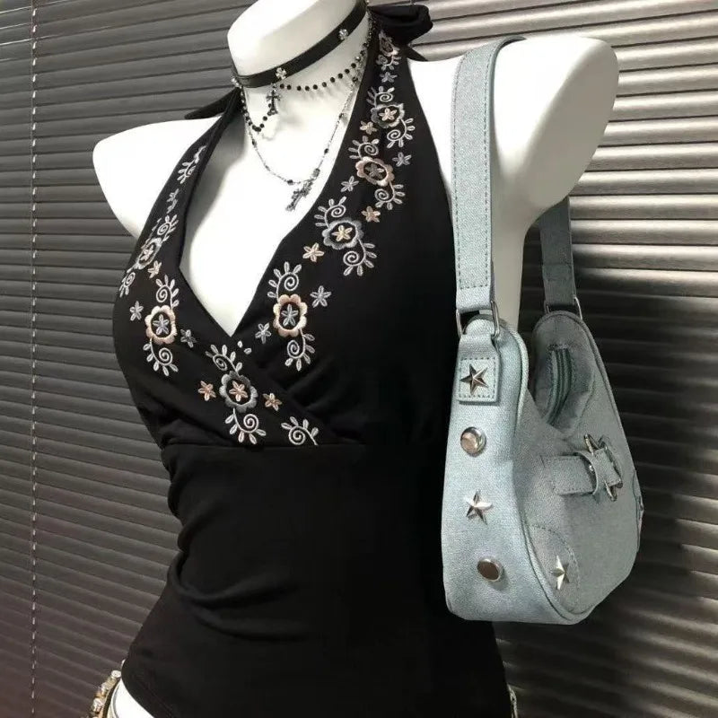 LIZAKOSHT  -  New Vintage Punk Black Slim Slash Neck Vest Women High Street Sexy Backless Tees Summer Japanese Subculture Retro Tank Tops