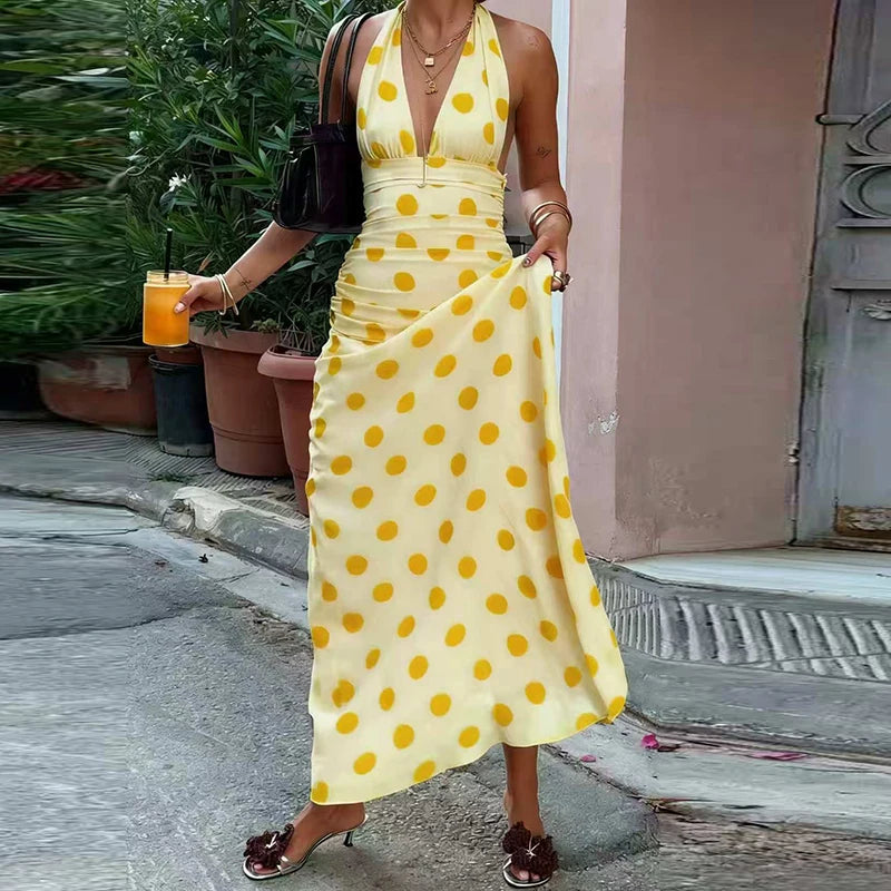 LIZAKOSHT  -  Elegant Polka Dot Backless Pleated Dress Temperament High Waist Sleeveless Dress Sexy Hanging Neck Off Shoulder Club Party Dress