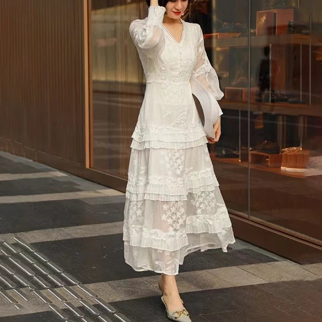 LIZAKOSHT  -  Vintage Long Sleeve Party Dress for Women Casual Deep V Floral Embroidery Boho Dresses Summer Casual Lace Vestidos
