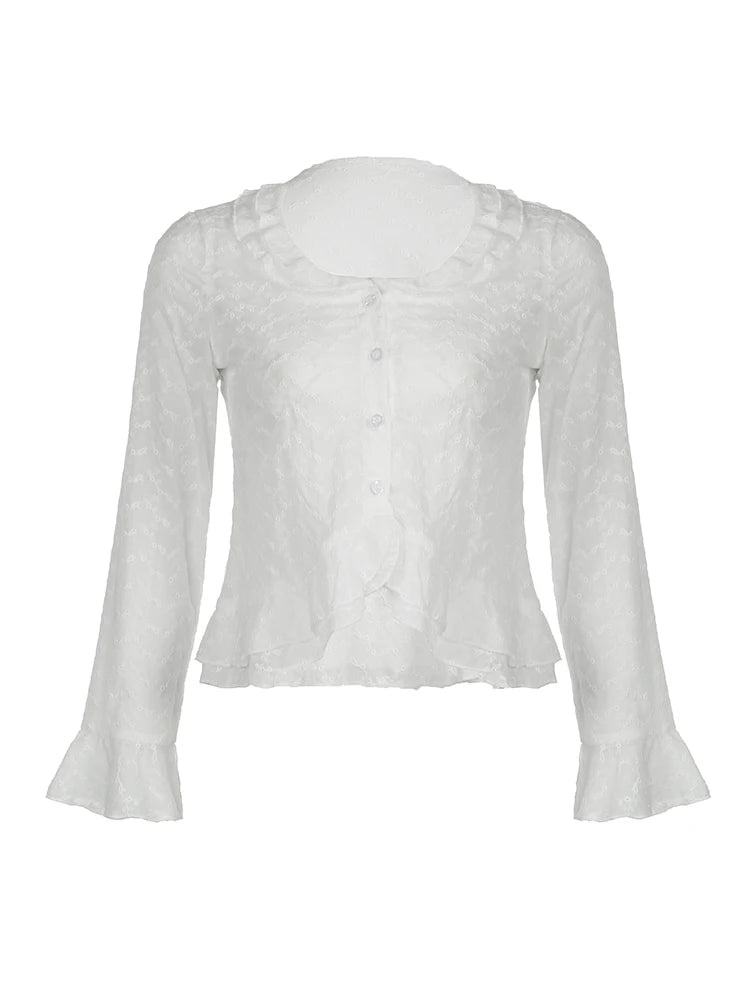 LIZAKOSHT  -  White Long Sleeve Tees Aesthetic Streetwear Tops Y2k Elegant Women Irregular Hem Shirt Female Grunge Fairycore Coquette