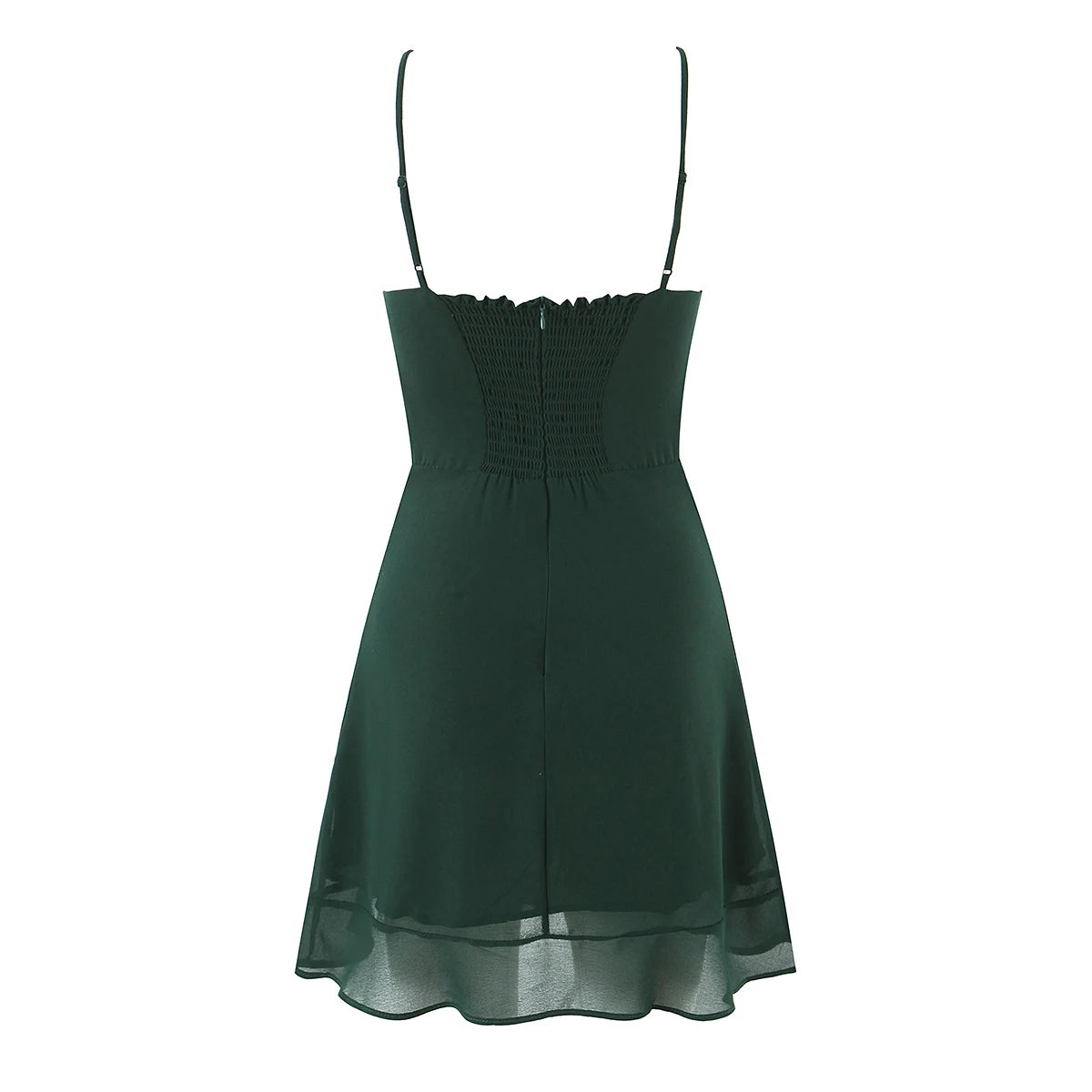 LIZAKOSHT  -  French Style Retro Dark Green V neck Corset Style Sling Dress Women Elastic Back Ruffles Hem Short Dresses Summer Robe Vestidos