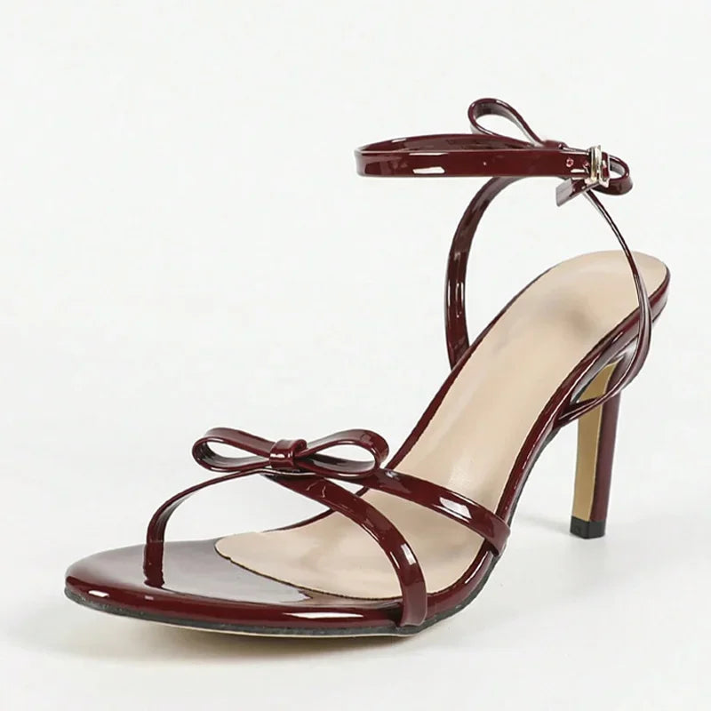 LIZAKOSHT  -  Red Patent Leather Bowknot Narrow Band Women Sandals Fashion Open Toe Buckle Strap Ladies Plus Size-43 Shoes High Heels Pumps