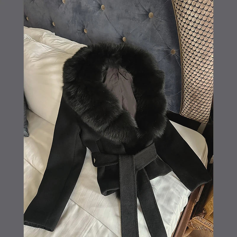 LIZAKOSHT  -  Patchwork Fur V-Neck Lace up Coat Woman Solid Color Long Sleeves Loose Warm Coats Luxury Chic Women's New Autumn Winter Jackets