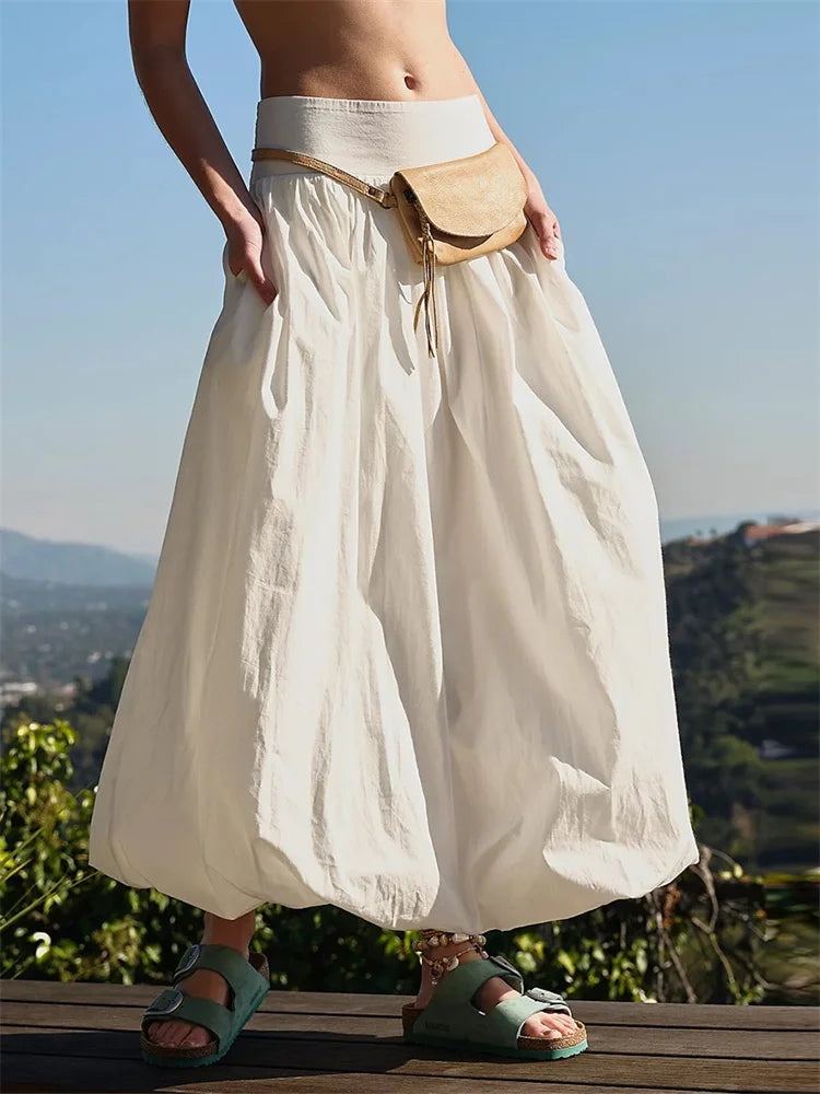 LIZAKOSHT  -  Women Long Maxi Skirts Casual Loose Fit Elastic Waist Solid Color Ruched Pleated Skirts for Summer Spring Streetwear