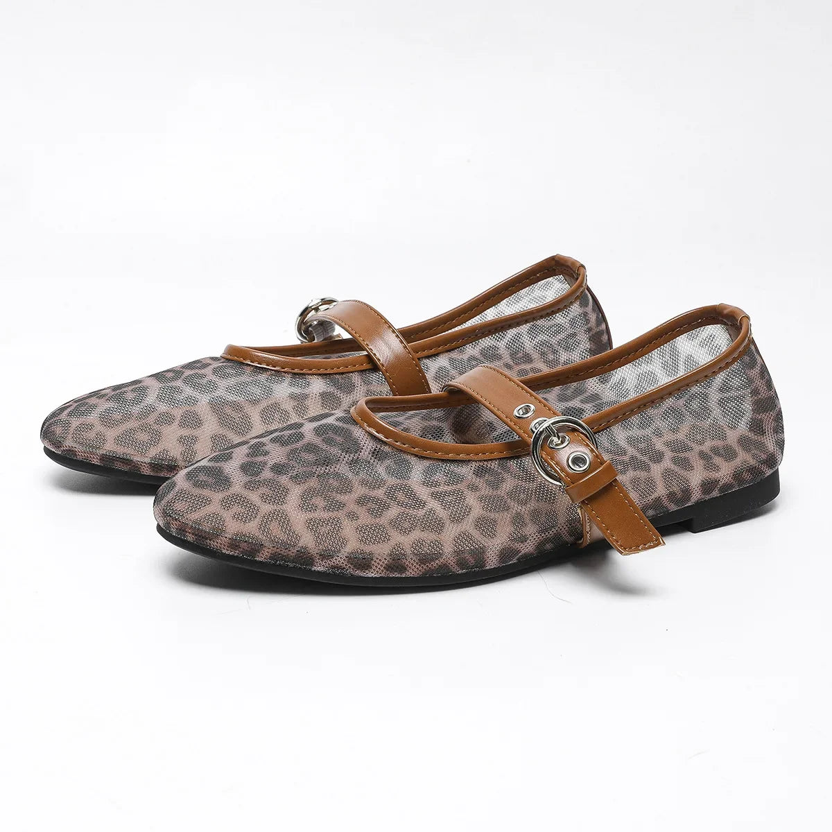 LIZAKOSHT  -  Leopard Mesh Round Toe Flat Ballet Shoes Brand Designer Sandals Women Breathable Soft Sole Comfy Fashion Mary Jane Shoes Female
