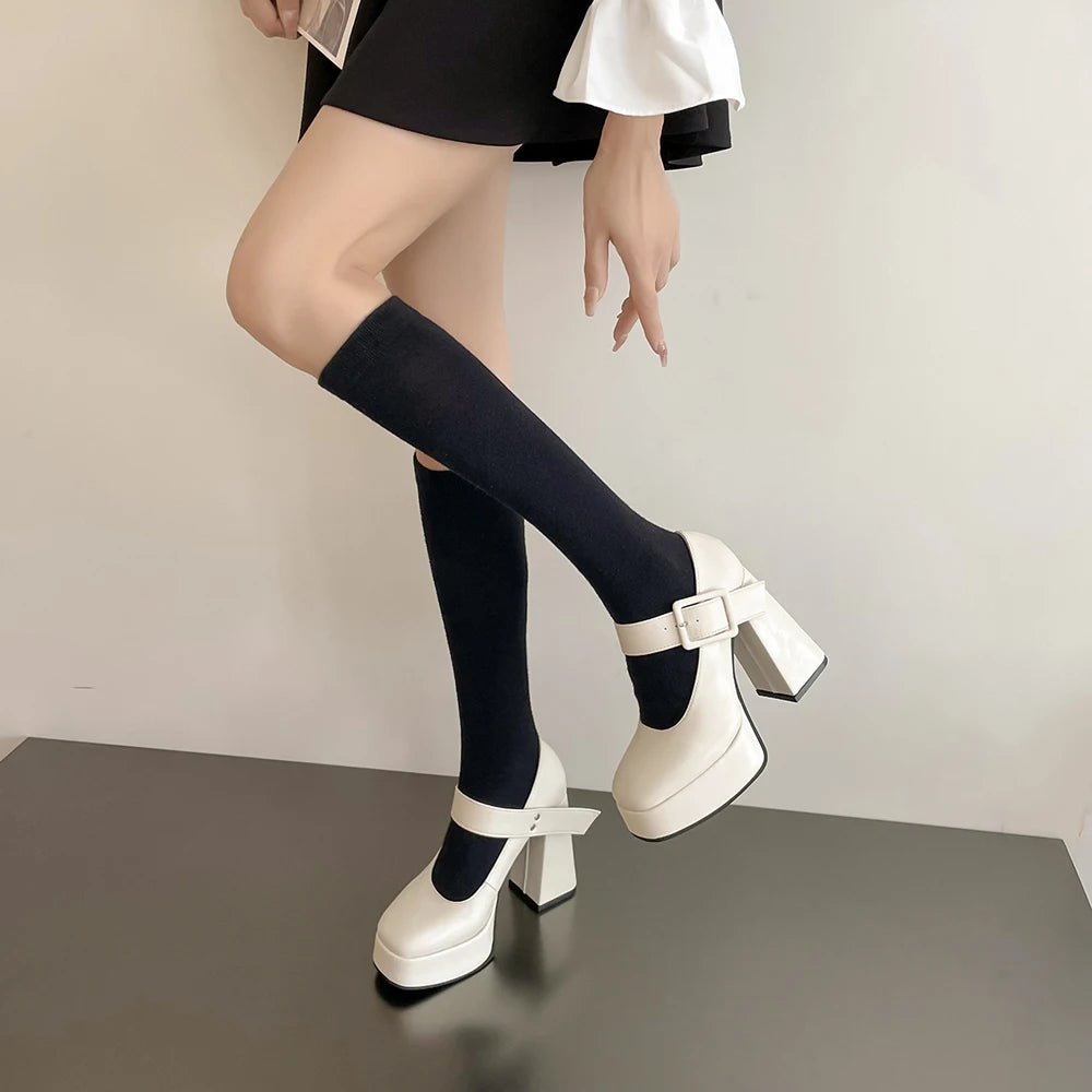 LIZAKOSHT  -  Korean Sweet White Black Jk High Heel Shoes For Girl Women Platform Round Toe Mary Janes Elegant Dress Shoes Square Heel Shoes