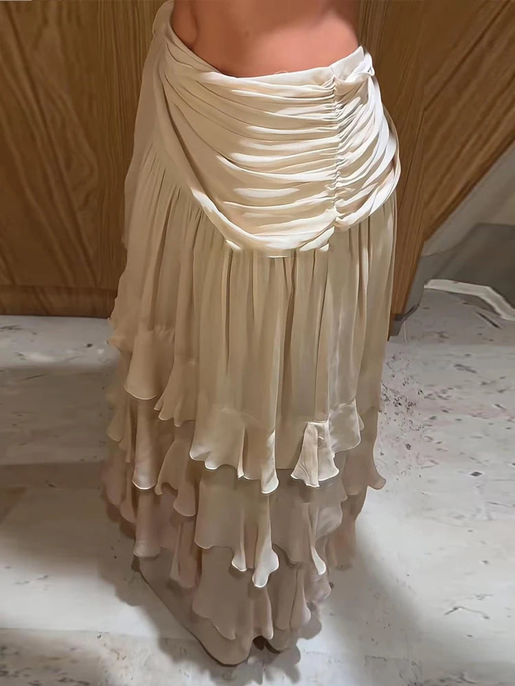 LIZAKOSHT  -  Women's Skirt Beige Ruffled Maxi Skirts Asymmetrical Tiered Hem Waist Tie Wrap Design Chiffon Bottom Vacation Wear Woman Clothes