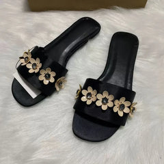 LIZAKOSHT  -  Brand Summer Women Flat Slides Flower Decoration Black Open Toe Vacation Female Beach Shoes Outside Plus Size Modern Slippers