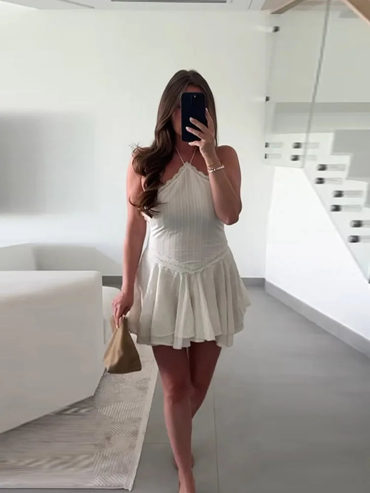 LIZAKOSHT  -  Fashion Ruffle Hem Halter Short Women Dress Sleeveless A-line Draped Solid Vestidos Summer Female Vacation Parties Robes