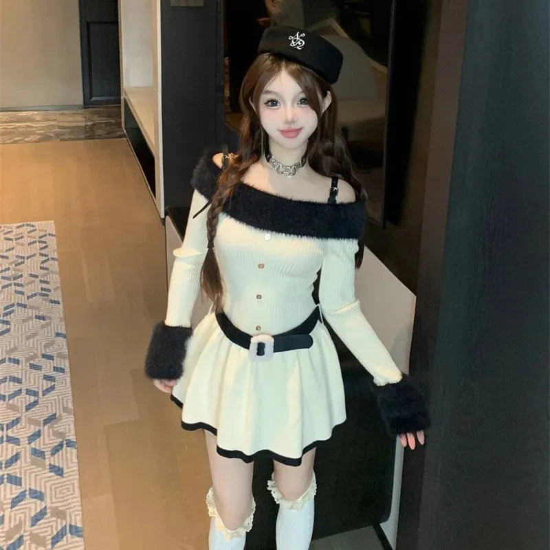 LIZAKOSHT  -  Women Knitted Mini Dress Autumn Hottie Slash Neck Patchwork Fashion Camisole Dresses Off Shoulder Belt Button Casual Vestidos