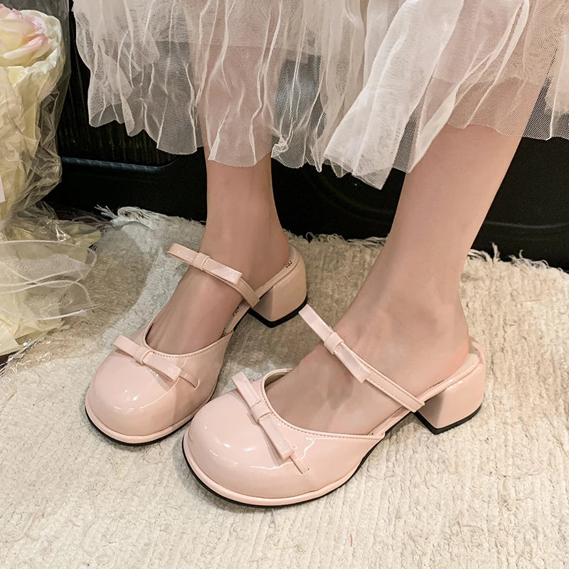 LIZAKOSHT  -  Summer Butterfly-knot Cover Toe Women Slippers Elegant Thick Heel Dress Slides Ladies Concise Slingback Dress Sandals Mule Shoes