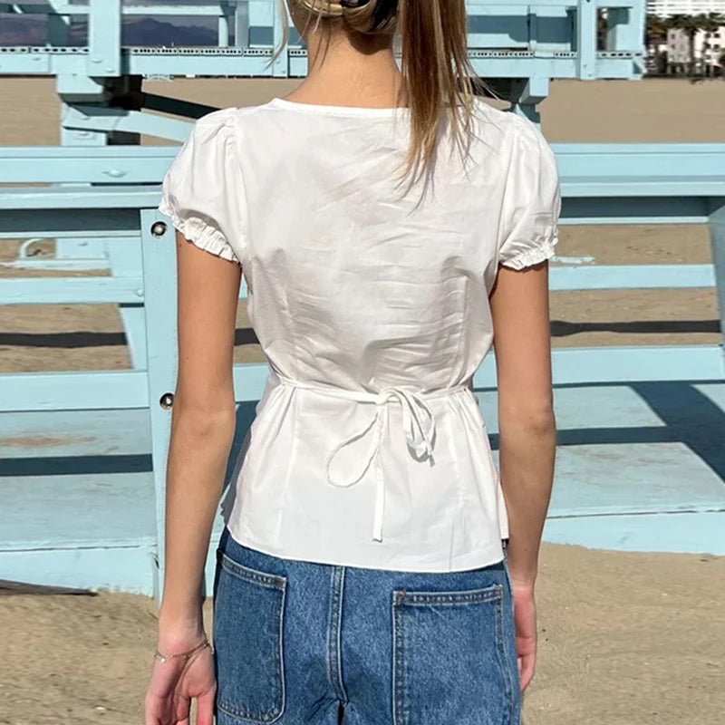 LIZAKOSHT  -  Lace Stitching Square Collar Top Summer French Style Puff Short Sleeve T-shirt Elegant Basic Clothing Chic Sweet Tops