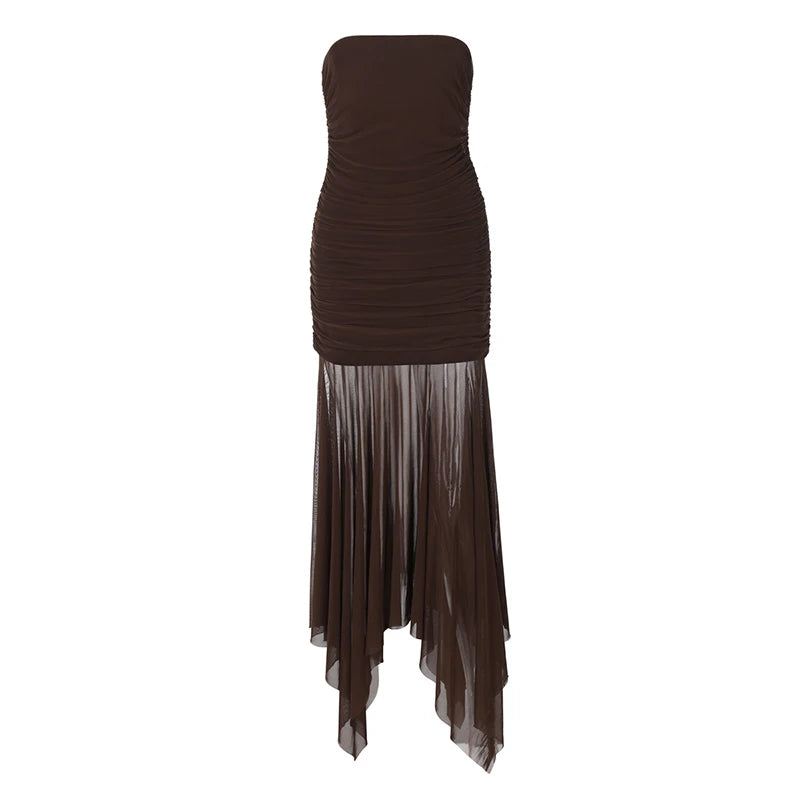 LIZAKOSHT  -  Solid Strapless Mesh Patchwork Hem Semi-sheer Fashion Vintage Brown Backless Sleeveless Bodycon Pleated Maxi Dress Clubwear