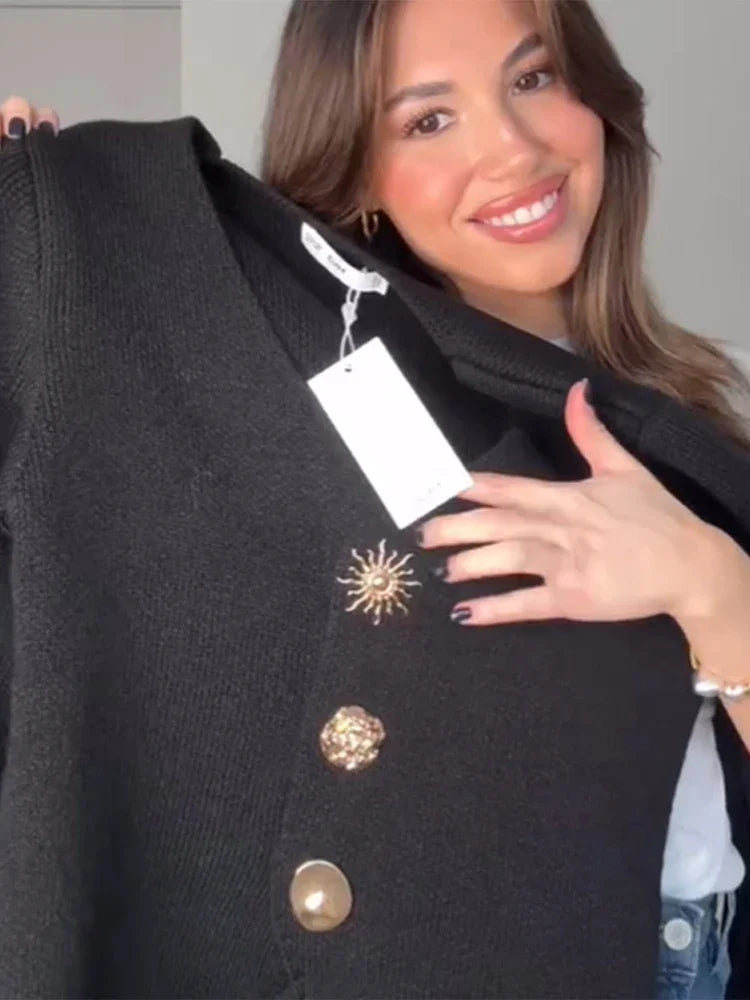 LIZAKOSHT  -  V-Neck Knitted Sweater Cardigan Irregular Button Minimalism Waist Cinching Slimming Soft Waxy Knitwear Vintage Knit Shirt Top