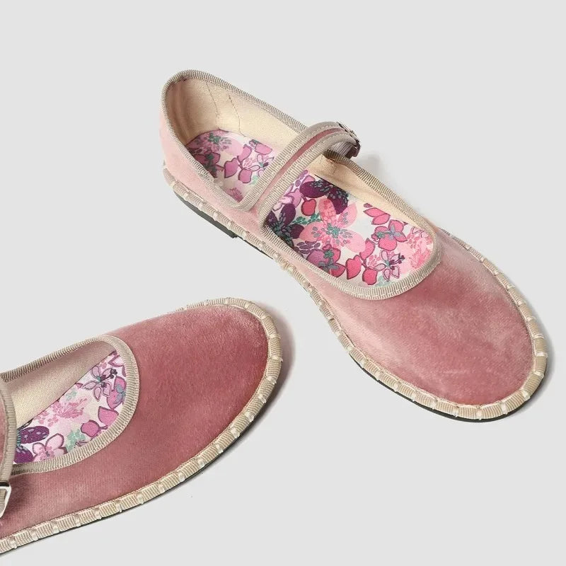 LIZAKOSHT  -  Velvet Round Toe Casual Flats Women Sewing Lightweight Brand Mary Jane Shoe Buckle Print Insole Comfort Retro Ballet Flats Women