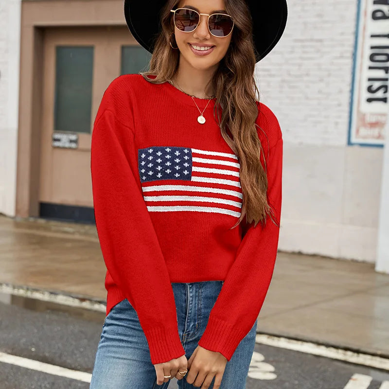 LIZAKOSHT  -  Fall Winter Sweater Women The American Flag Easter Independence Day New Year Top Pullover Jumper Jacket Long Sleeve 40927