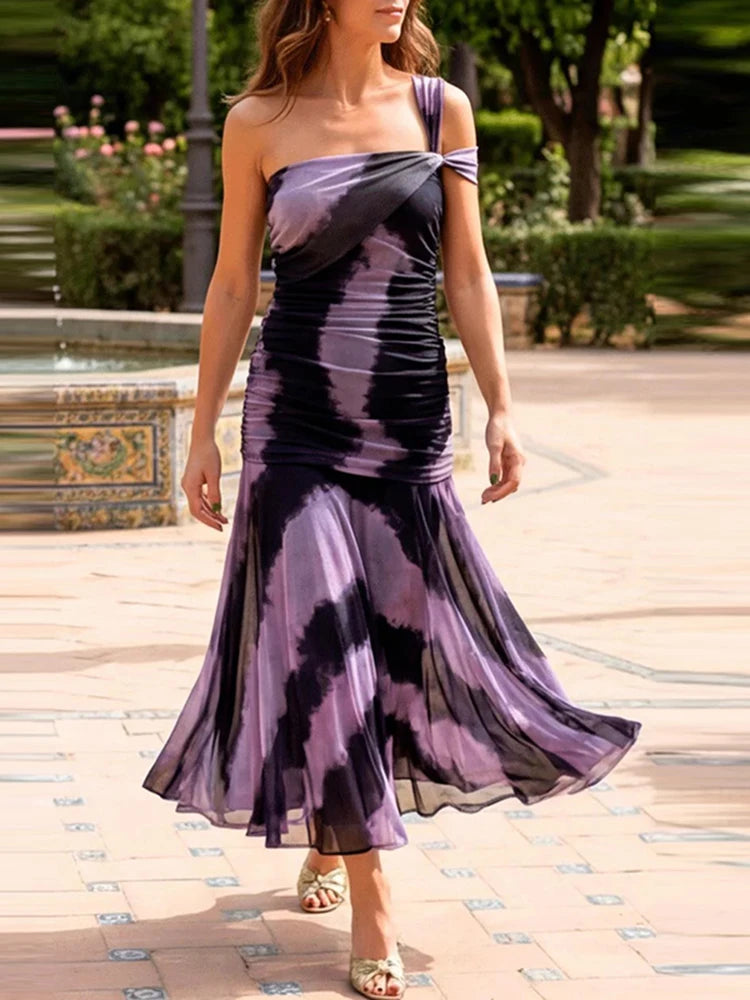 LIZAKOSHT  -  Elegant Sleeveless Hight Waist Slim Fit Gowns Women Fashion Draped Long Party Dresses Sexy Strapless Pattern Print Summer Dress