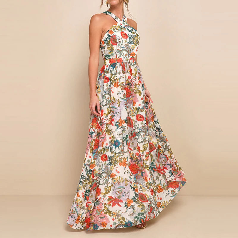 ﻿LIZAKOSHT  -  Women Floral Print A-line Beach Dress Elegant High Waist Full Length Swing Maxi Dress All Match Off Shoulder Party Dress Spring