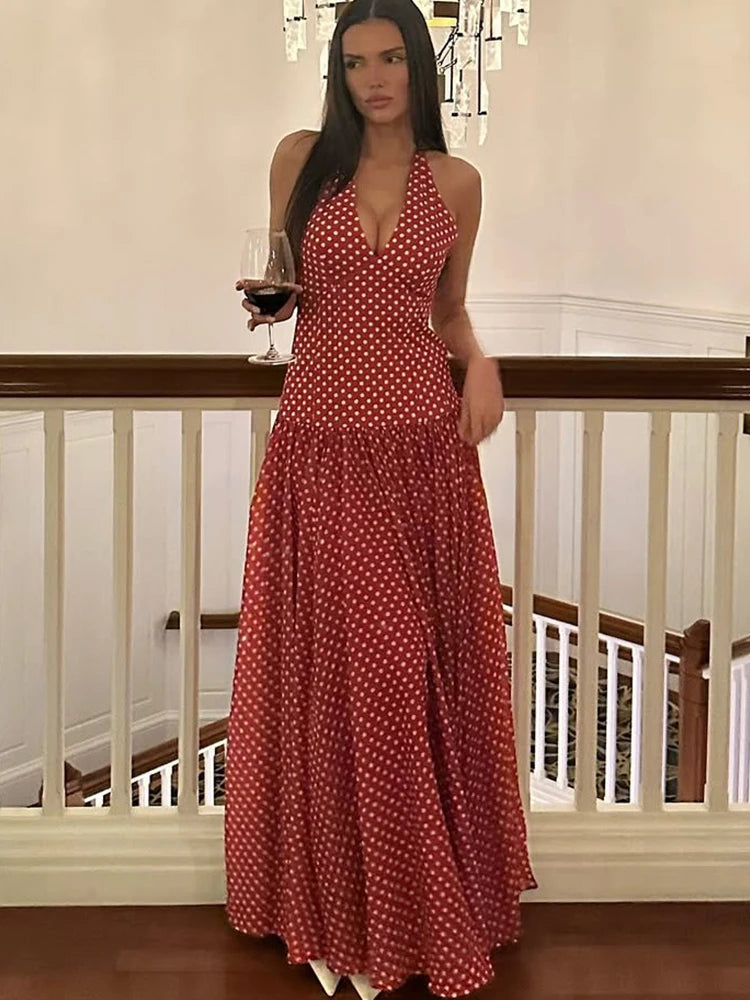LIZAKOSHT  -  Modern Hipster Women Maxi Dress Elegant Point Print Halter V-neck Backless Bodycon Female High Street Festival Vestidos