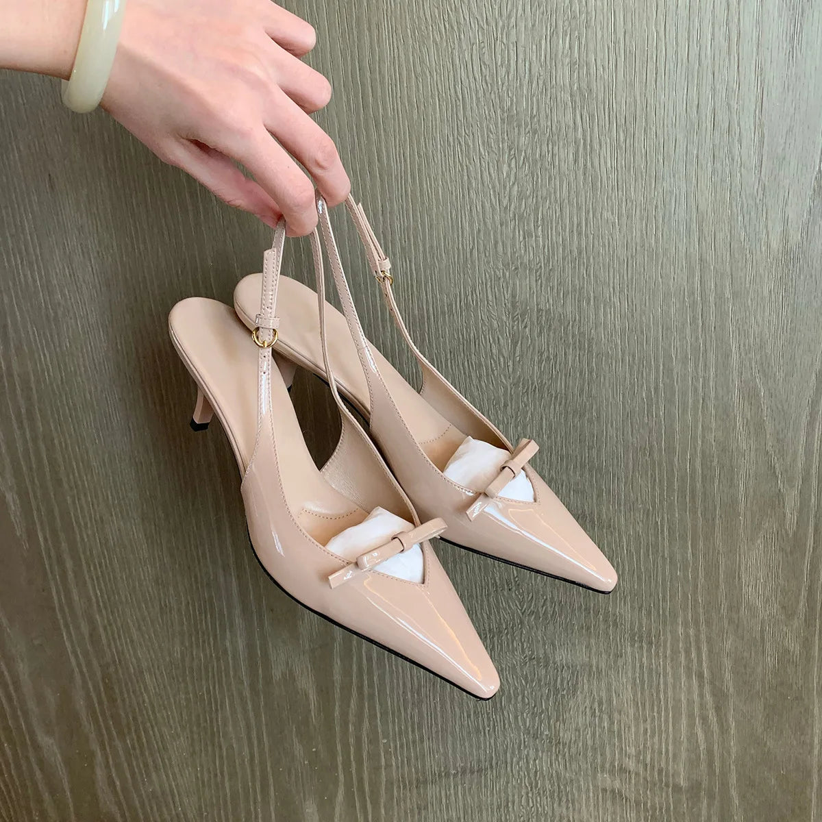 LIZAKOSHT  -   Women Nude Pink Leather Pointed Toe Thin Heel Sandals Summer Delicate Butterfly Knot Fairy Style Comfortable Wedding Dress Shoes