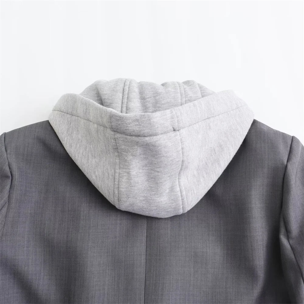 LIZAKOSHT  -  Casual Loose Hooded Blazer Women Elegant Single Breasted Long Sleeve Suit Coat Office Lady 2025 New Autumn Fashion Solid Coats