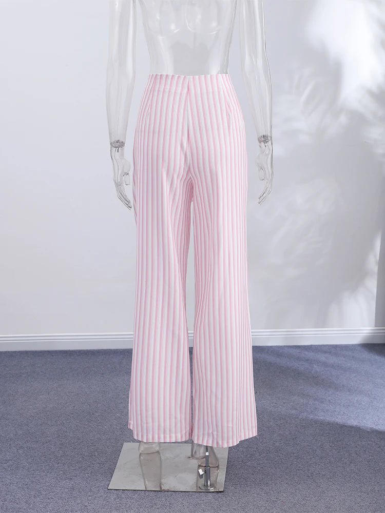 LIZAKOSHT  -  Pants Leg Stripe Women Trousers Adjustable Waist Wrap Loose Summer Floor Length Boho Palazzo Trousers Women Outfit For Women