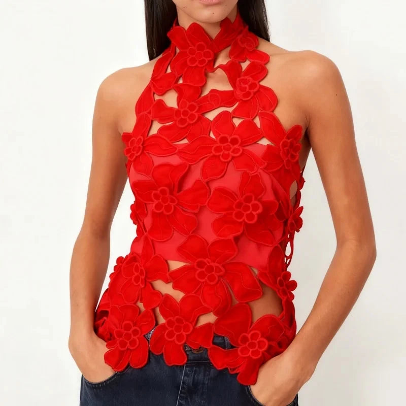 LIZAKOSHT  -  Fashionable and comfortable high street style top with hollow out design top sexy three-dimensional flower see through top