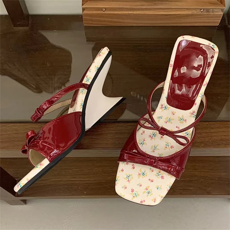 LIZAKOSHT  -  Fashion Patent Square Toe Women Slippers Street Style Bowknot Totem High Heels Wedding Banquet Shoes