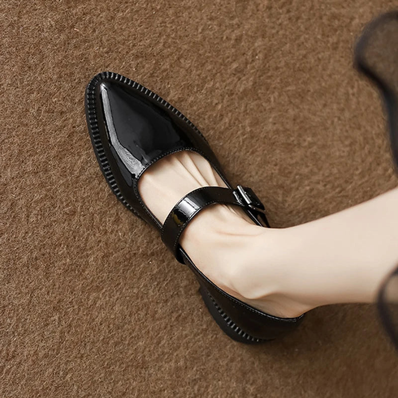 LIZAKOSHT  - Patent Leather Buckle Strap Oxfords Woman Pointed Toe Shoes Low Heel Flats Ladies Mary Janes Lolita Derby Loafers Femme Sneakers