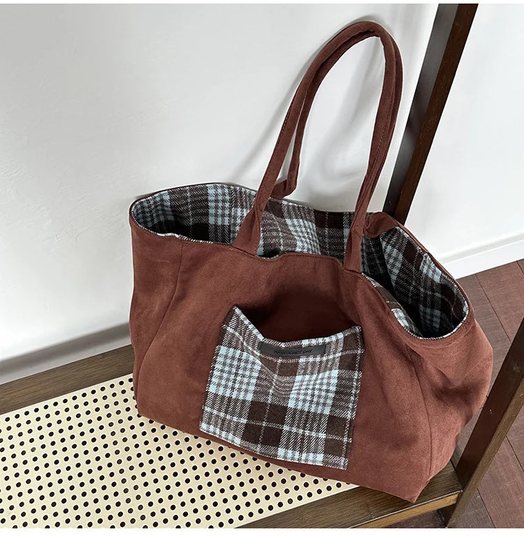 LIZAKOSHT  -  Autumn and Winter Woolen Plaid Shoulder Bag Double Sided Use Handbag Large Capacity Tote Bags For Women